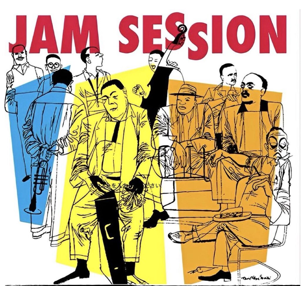 Poster for a jam session event featuring a colorful, sketch-style group of musicians with a bold red 'JAM SESSION' title and event details at the bottom in Japanese-English mix.